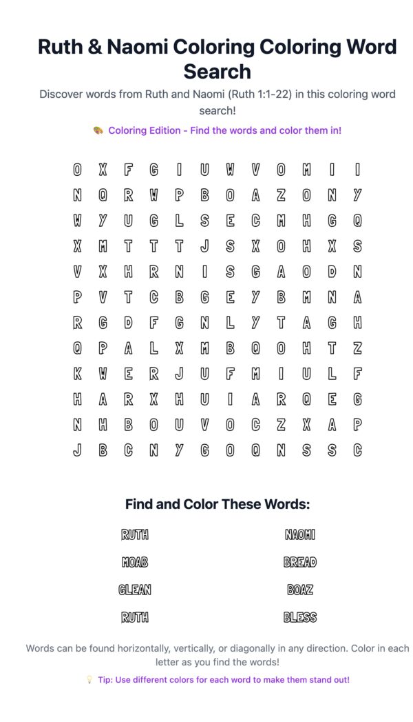 Ruth & Naomi Coloring Word Search