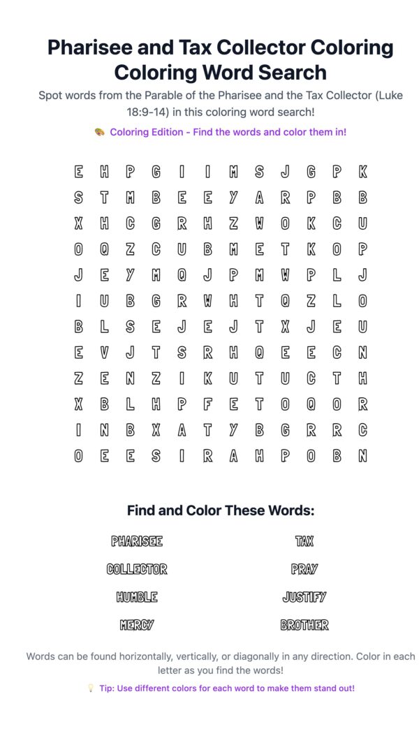 Pharisee and Tax Collector Coloring Word Search