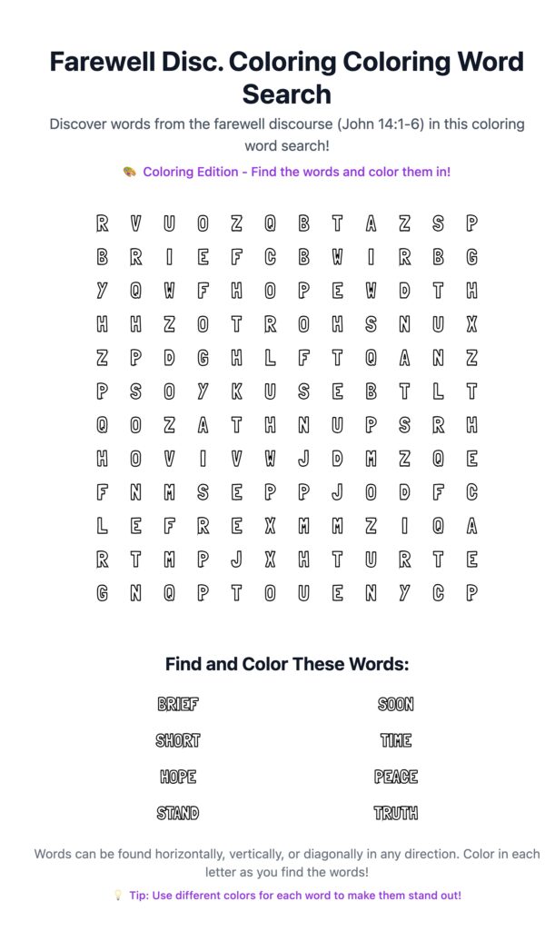 Farewell Disc. Coloring Word Search