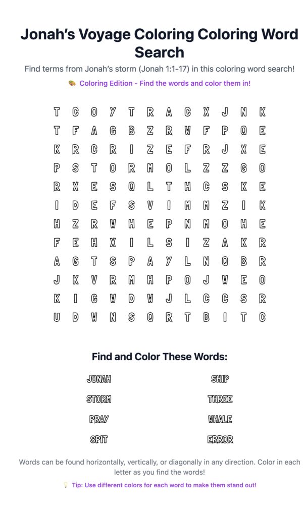 Jonah’s Voyage Coloring Word Search