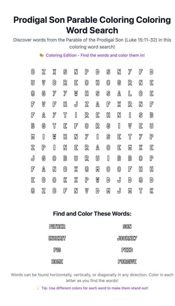 Prodigal Son Parable Coloring Word Search