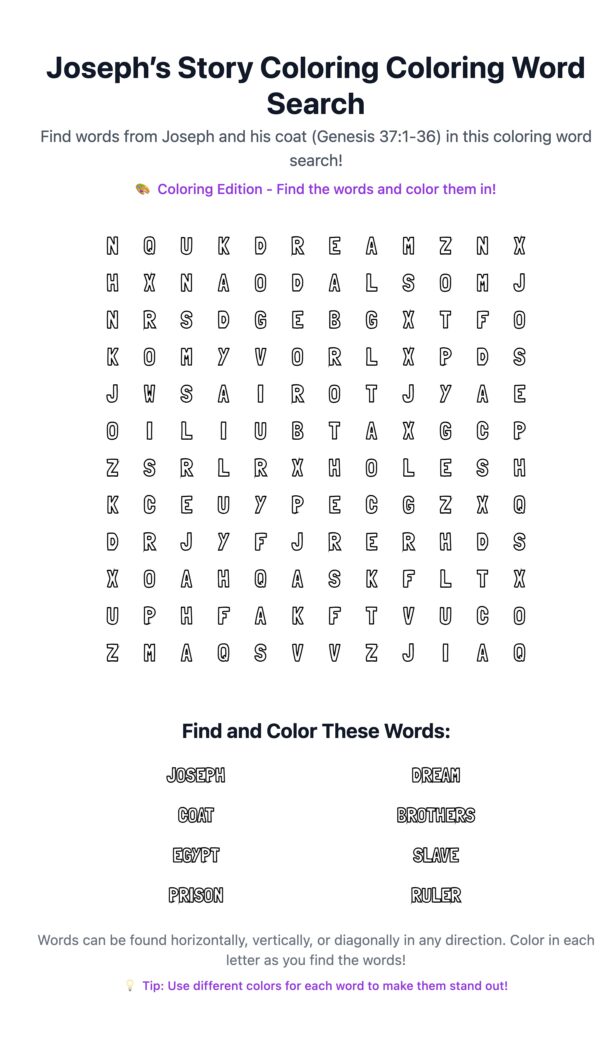 Joseph’s Story Coloring Word Search
