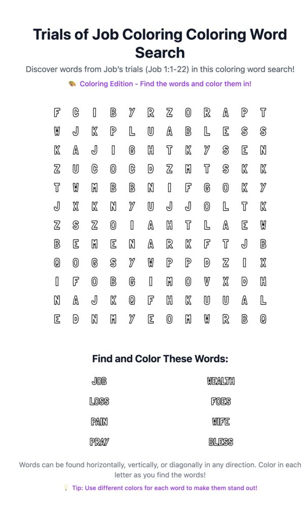 Trials of Job Coloring Word Search