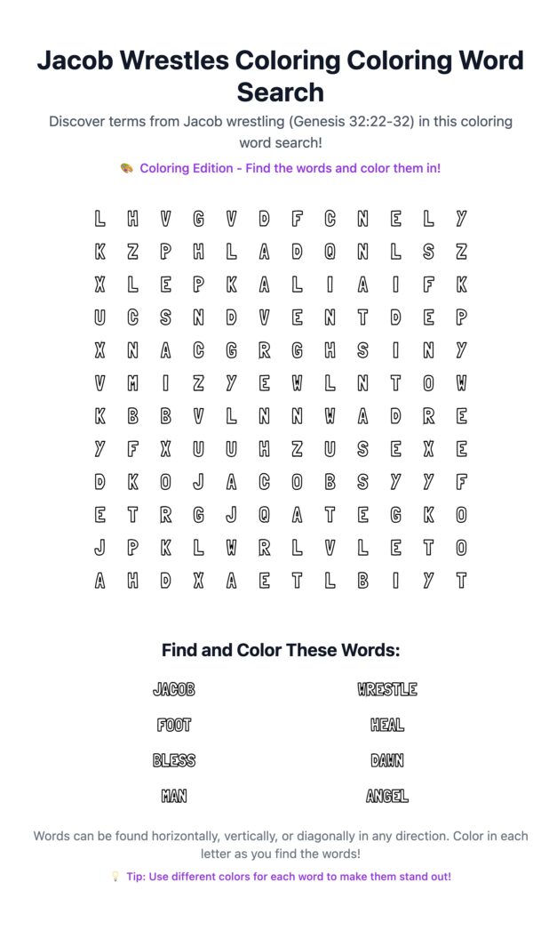 Jacob Wrestles Coloring Word Search