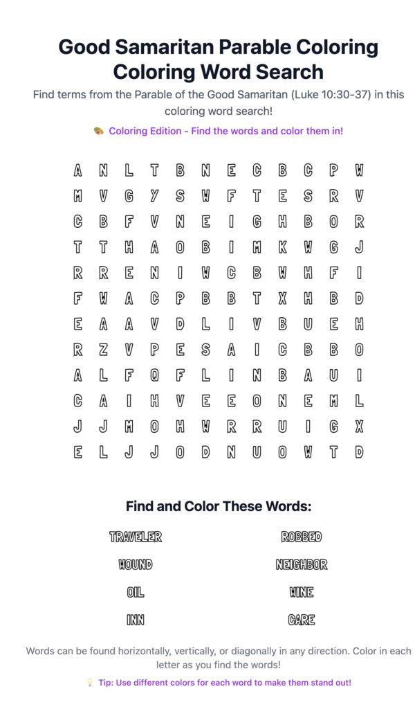 Good Samaritan Parable Coloring Word Search