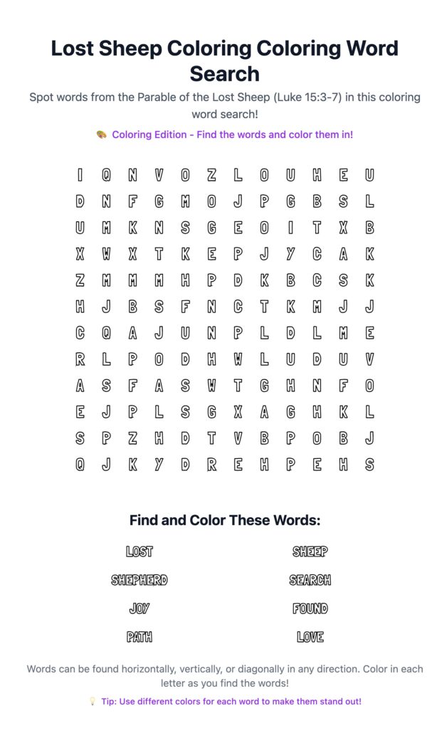 Lost Sheep Coloring Word Search