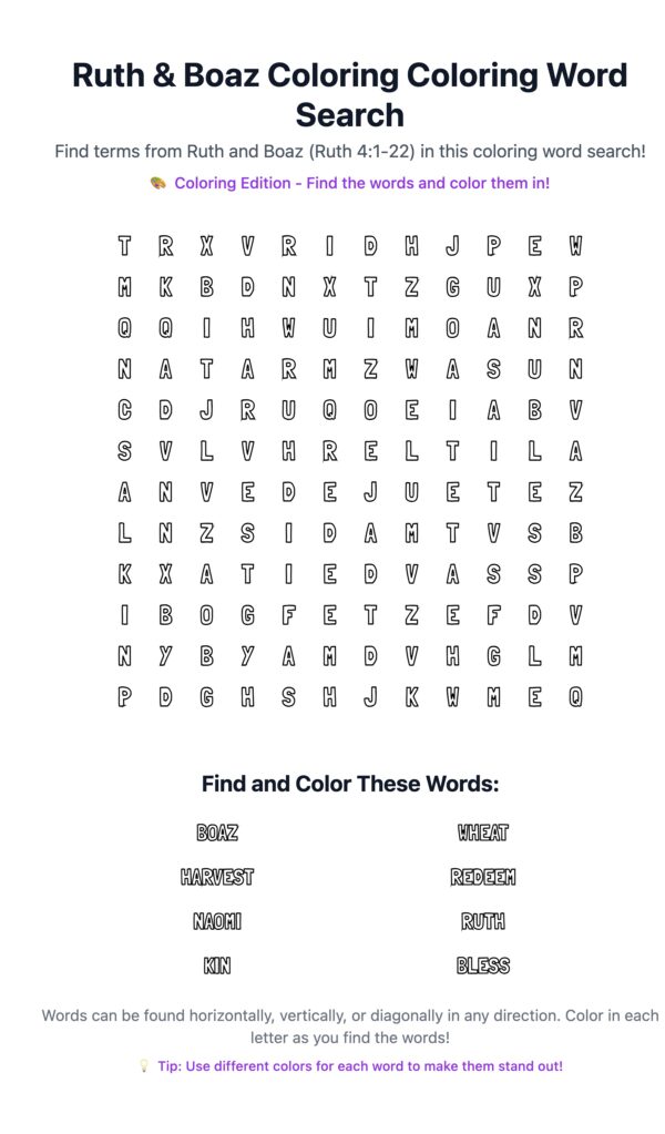 Ruth & Boaz Coloring Word Search