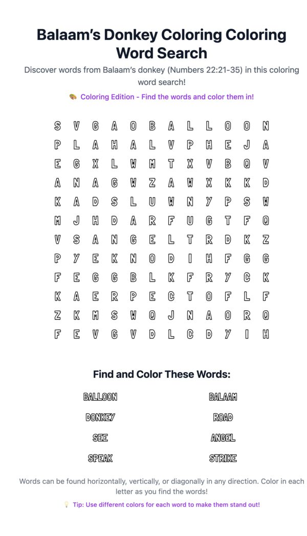 Balaam’s Donkey Coloring Word Search