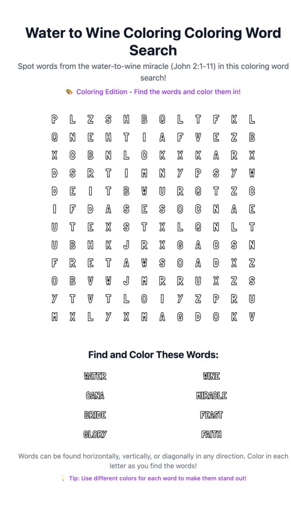 Water to Wine Coloring Word Search
