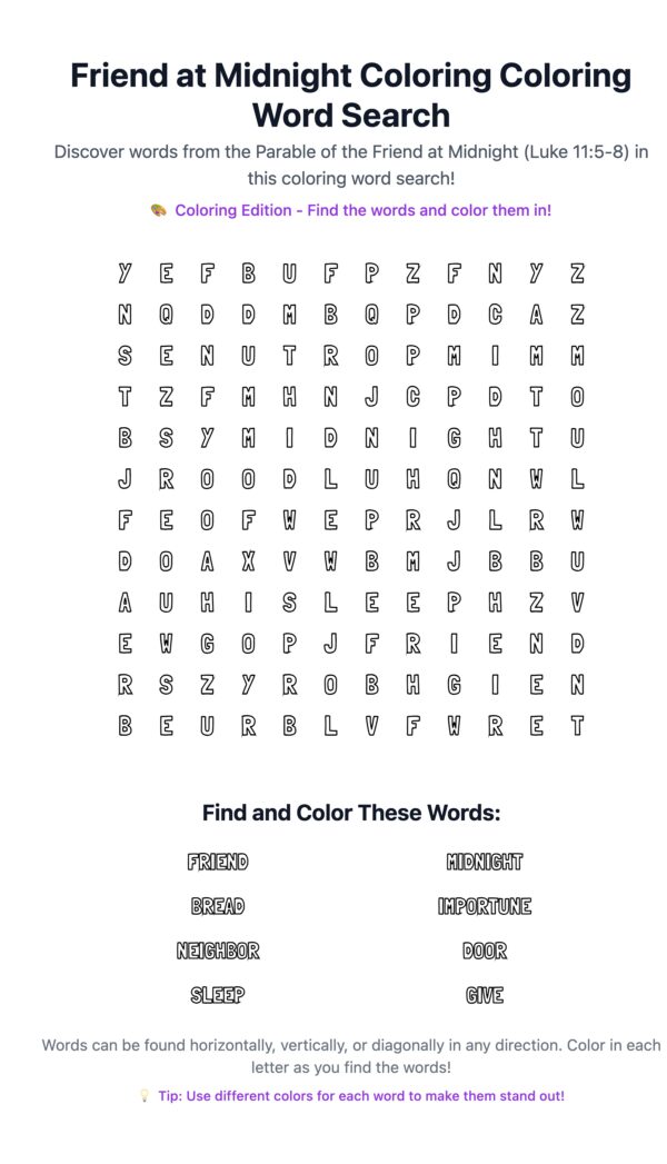 Friend at Midnight Coloring Word Search