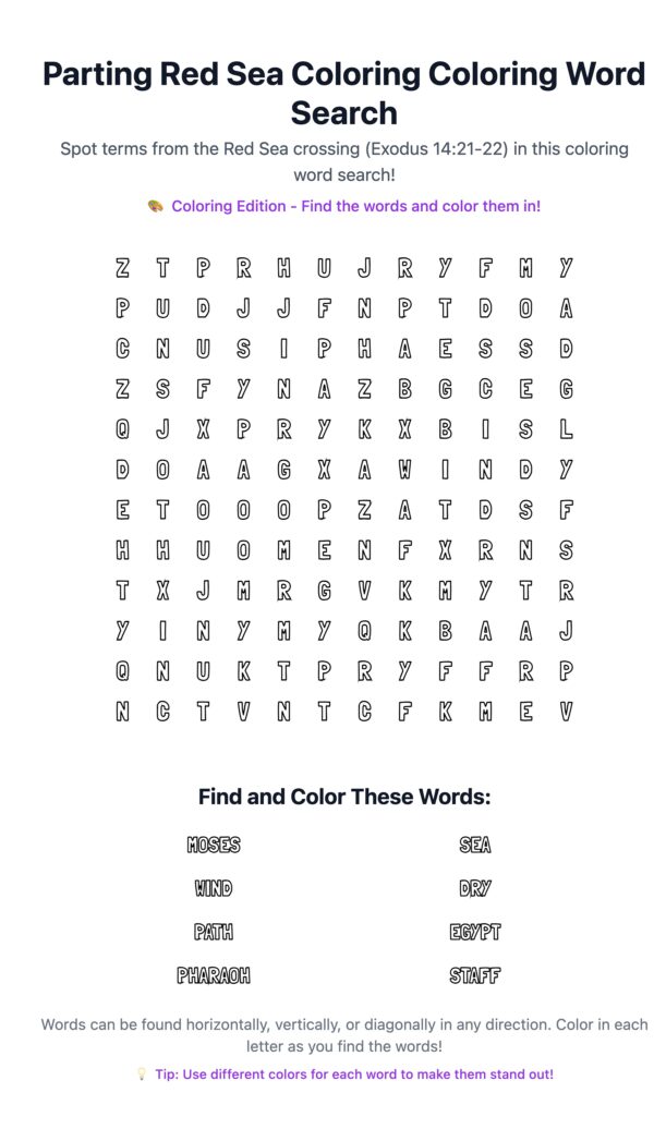 Parting Red Sea Coloring Word Search