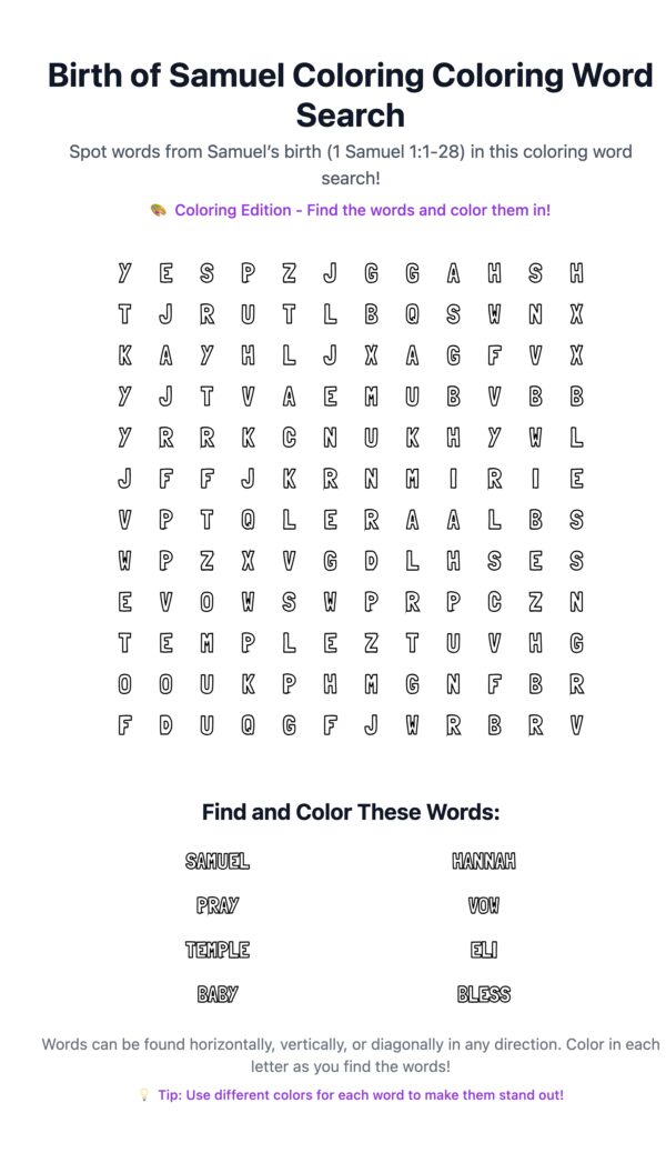 Birth of Samuel Coloring Word Search