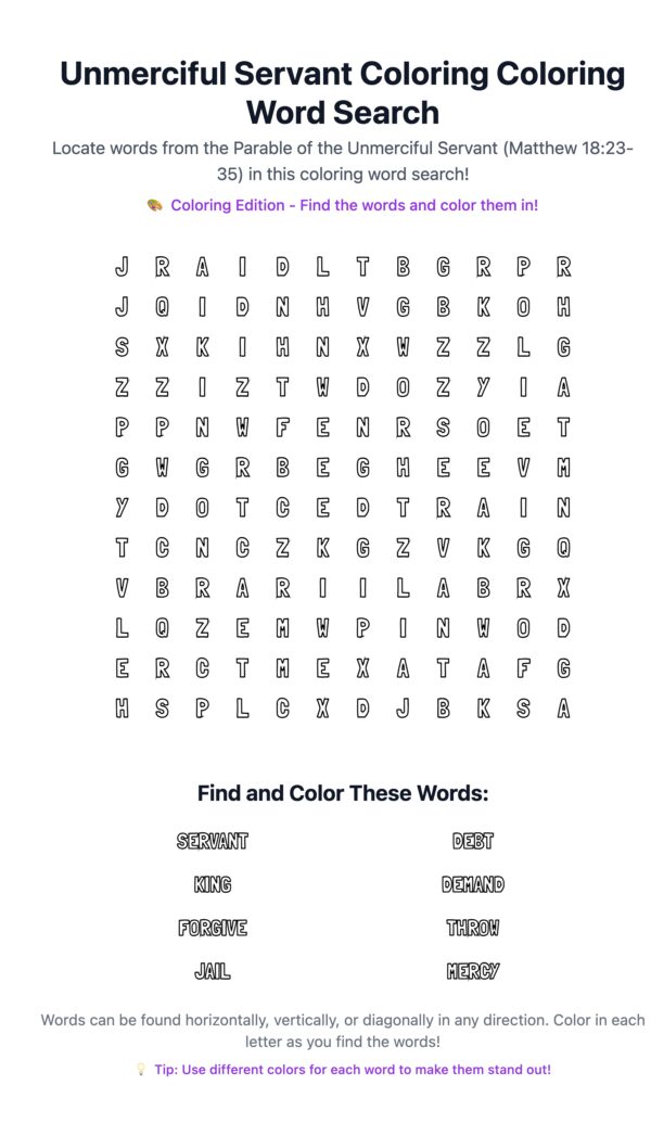 Unmerciful Servant Coloring Word Search