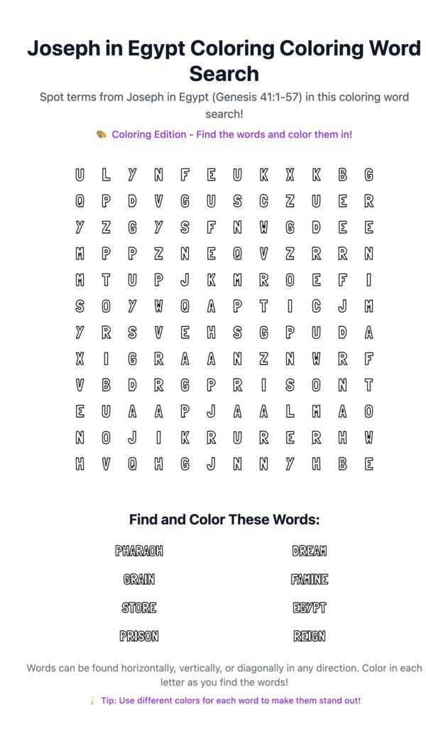 Joseph in Egypt Coloring Word Search