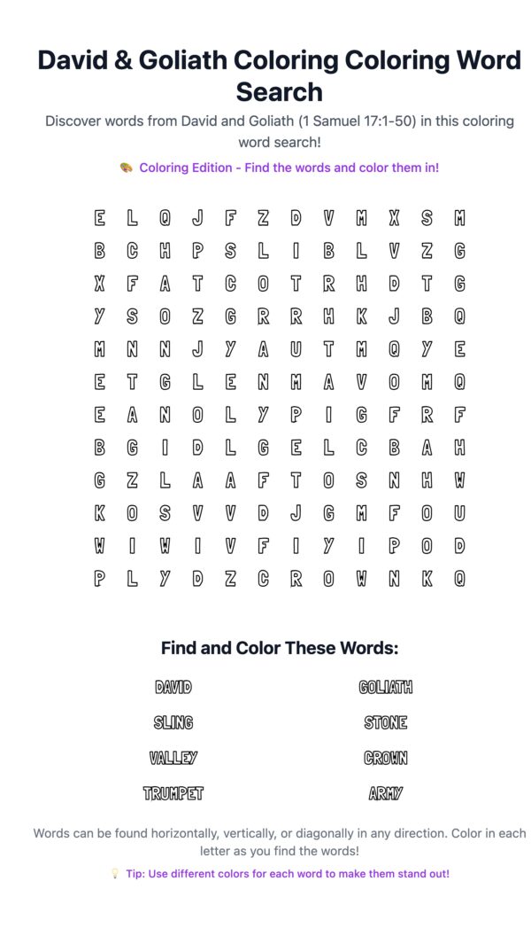 David & Goliath Coloring Word Search