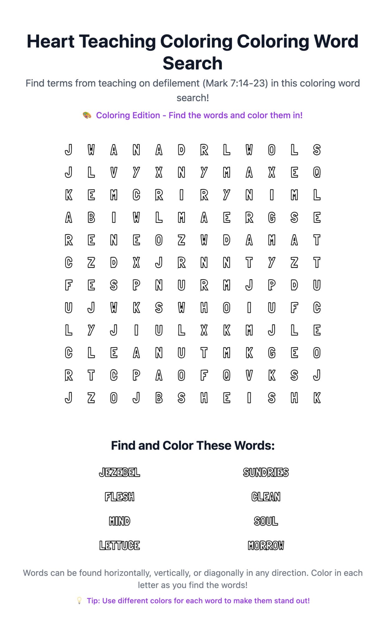 Heart Teaching Coloring Word Search
