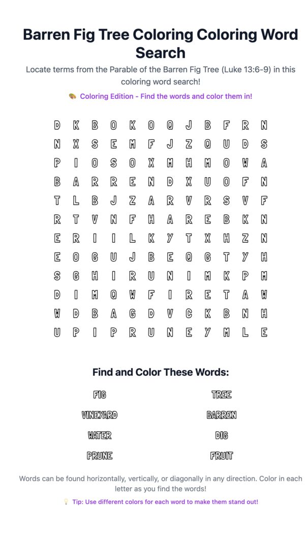 Barren Fig Tree Coloring Word Search