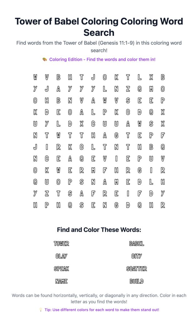 Tower of Babel Coloring Word Search