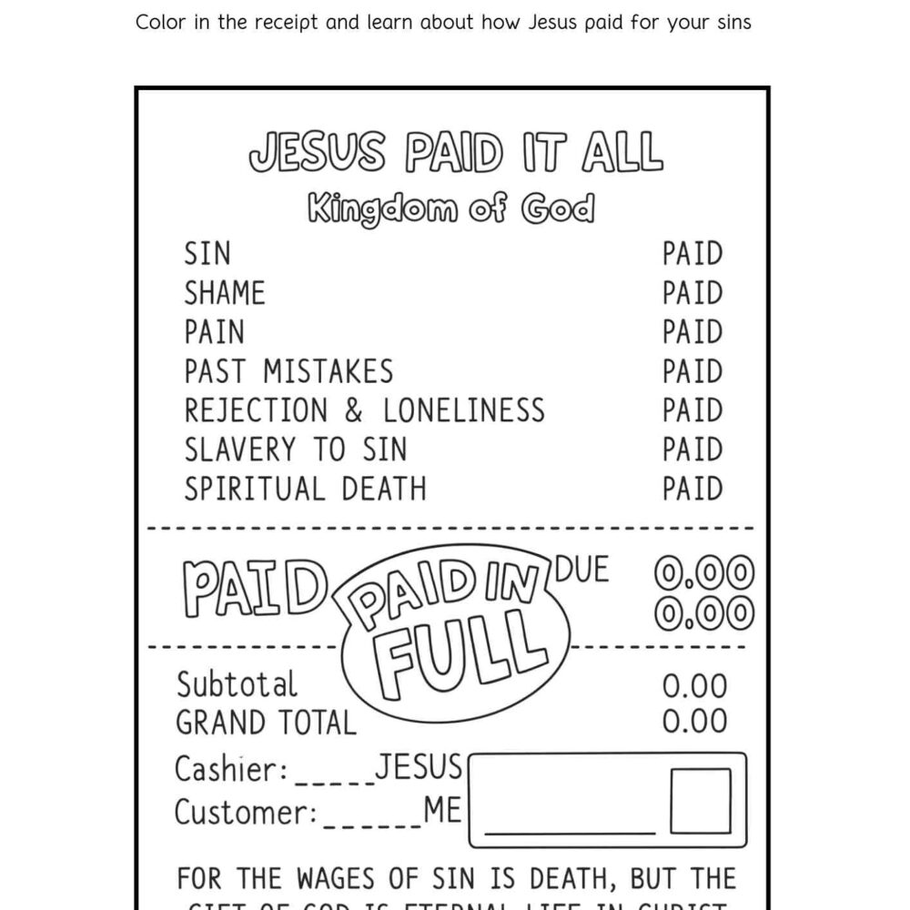 Jesus Paid It All – Free Printable Coloring Page (Romans 6:23)