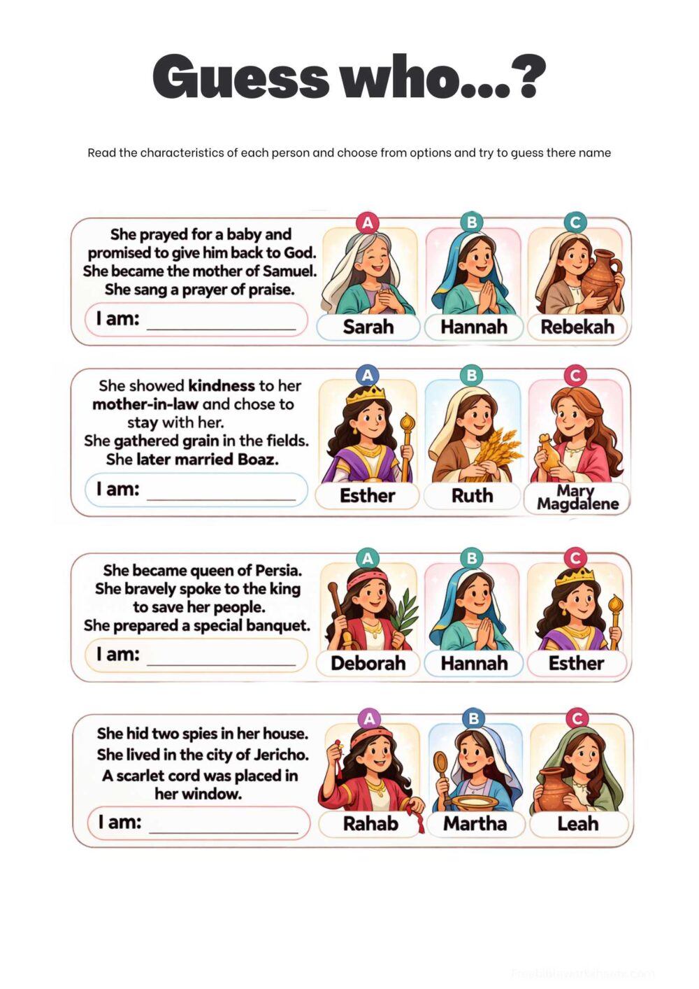 Guess Who Women in the Bible printable worksheet